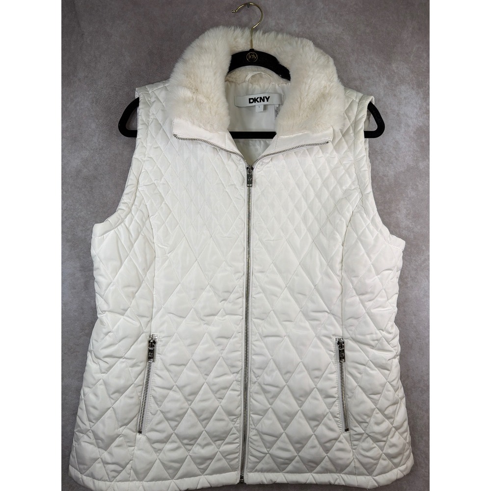 DKNY Quilted Puffer Vest Womens L White Faux Fur Collar Zip Up Outerwear